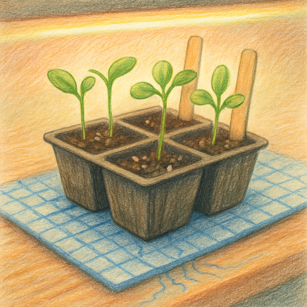 Colored pencil close-up of a capillary mat wicking moisture up to seedling cells.
