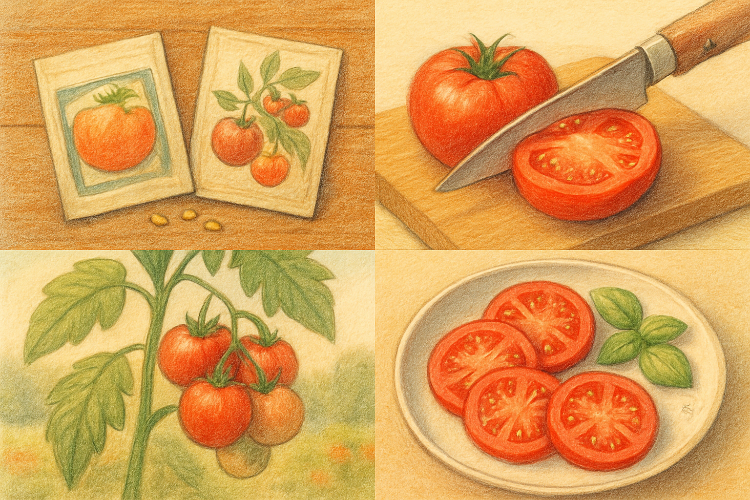 Hand-drawn colored pencil collage of slicing tomatoes: seed packets, a sliced tomato on a cutting board, vine clusters, and a simple summer plate.