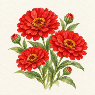 Botanical watercolor of red zinnia; illustration only, not a seed packet