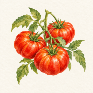 Botanical watercolor of heirloom tomato; illustration only, not a seed packet