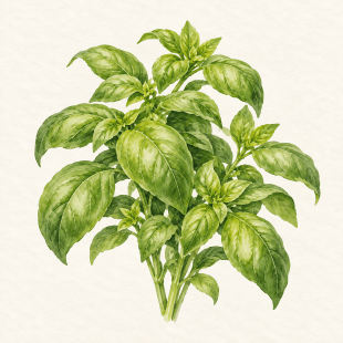 Botanical watercolor of basil; illustration only, not a seed packet