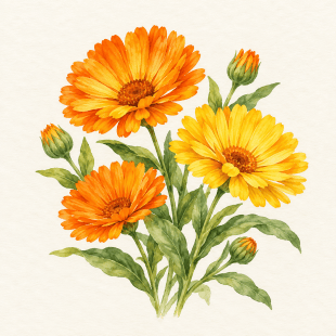 Botanical watercolor of mixed calendula; illustration only, not a seed packet