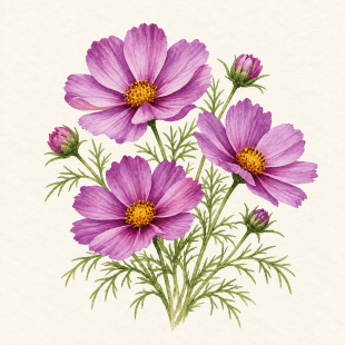 Botanical watercolor of purple cosmos; illustration only, not a seed packet