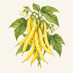 Botanical watercolor of yellow wax bean; illustration only, not a seed packet