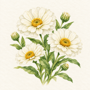 Botanical watercolor of white zinnia; illustration only, not a seed packet