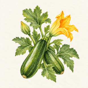 Botanical watercolor of zucchini; illustration only, not a seed packet
