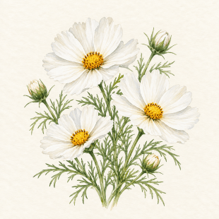 Botanical watercolor of white cosmos; illustration only, not a seed packet